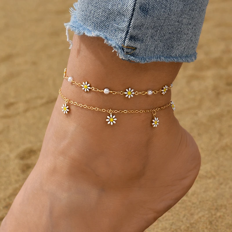 kf-S5b7a6faf8ca742c490d8888e1a2986c2B Elegant Daisy Flower Anklet with Handmade Pearl Chain Anklets for Women Summer Beach Sandals Accessories Bracelet on The Leg - Image 1